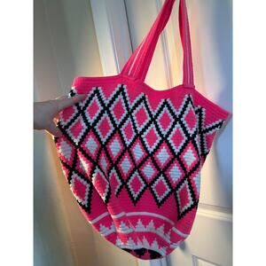Vintage Wayuu Mochila Bag Handmade by the Wayuu Tribe Used Pink, White Black